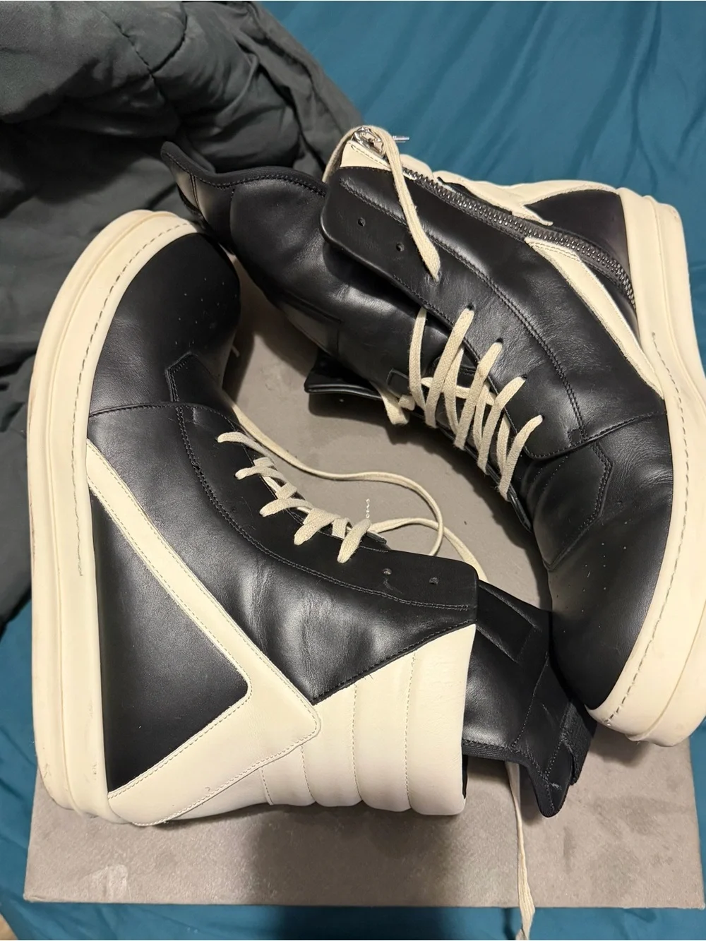 Rick Owens Geobasket Size 46 High-Top Men's Leather Sneakers in Black and Cream